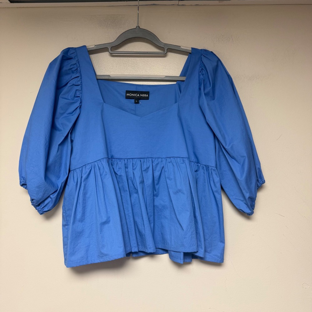 Monica Nera Peplum Top‎ Women Large Blue Excellent Puff Sleeve Square Neck 8823